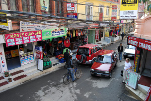 A quiet morning street scene in Thamel, Kathmandu