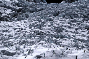 The Khumbu Icefall. The route generally goes up the left side, midway between the center and the left wall.