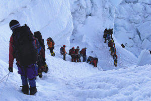 A traffic jam in the Khumbu Icefall.