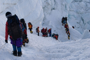 Traffic jam in the Khumbu Icefall, Mt. Everest