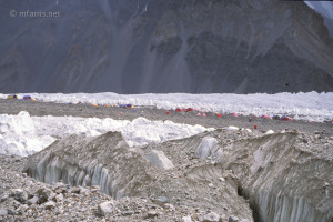 Base Camps are often placed on rock-covered glaciers. This is part of K2 Base Camp in 2008.